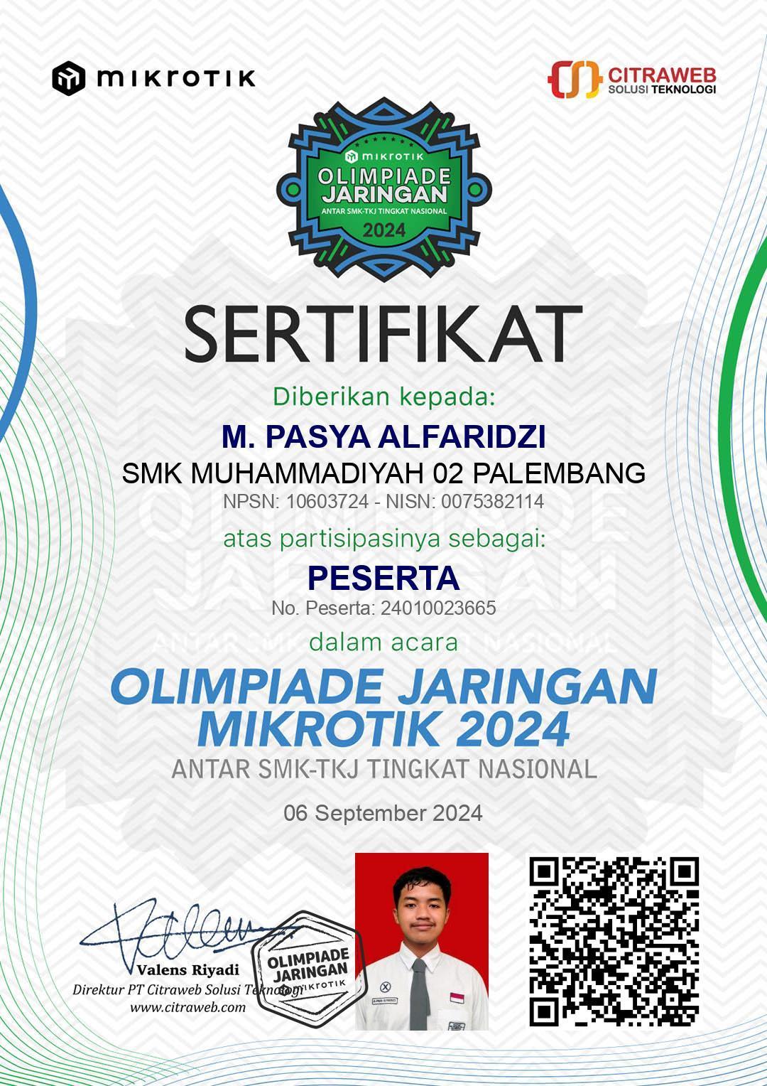 Apresiasi Perjuangan Tim (24010023665) SMK Muhammadiyah 2 Palembang di Olimpiade Jaringan Mikrotik 2024