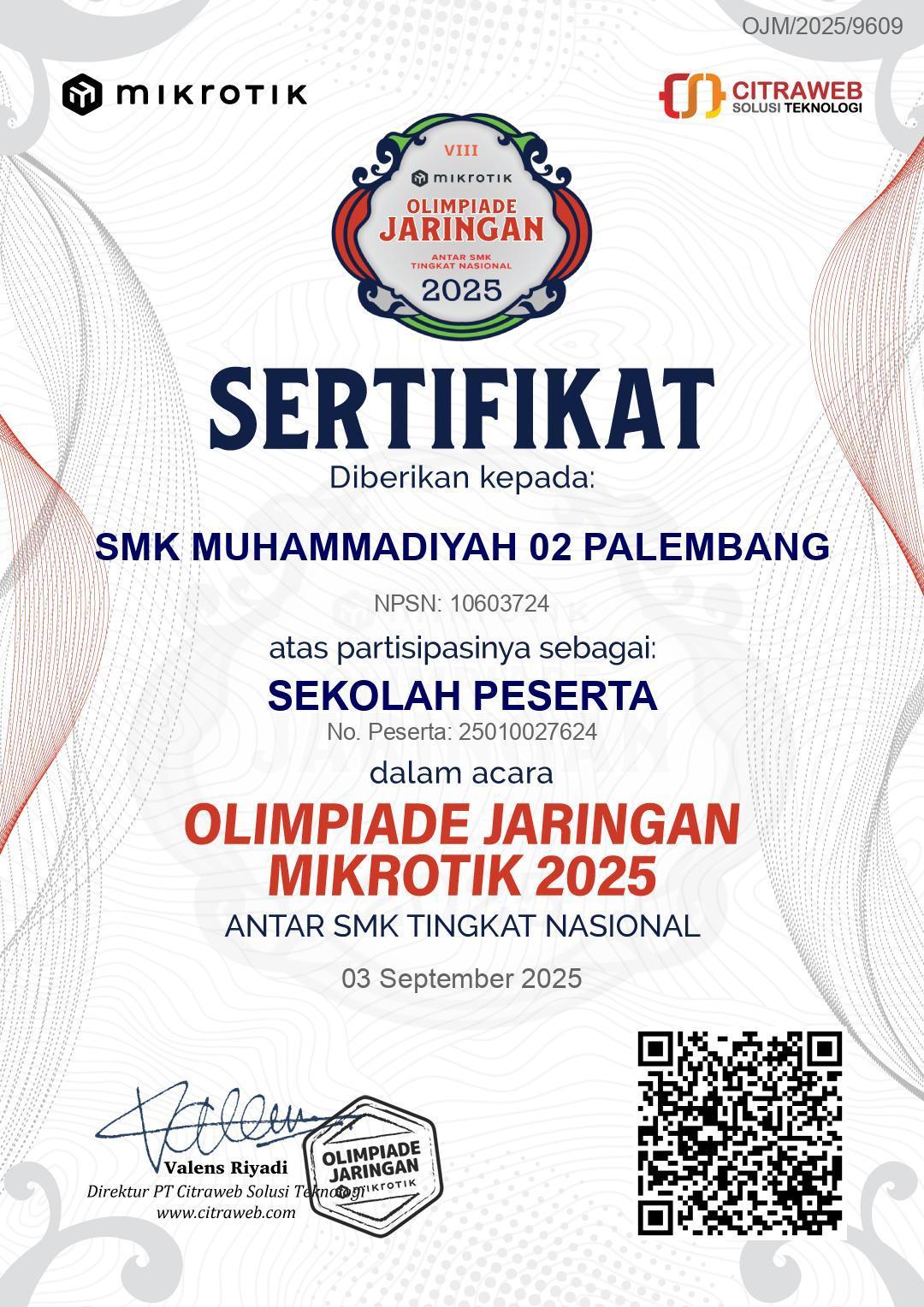 Bersaing dengan 482 Sekolah Se-Indonesia, Tim SMK Muhammadiyah 2 Palembang Tembus Seleksi Tahap 2 Olimpiade Jaringan Mikrotik 2025